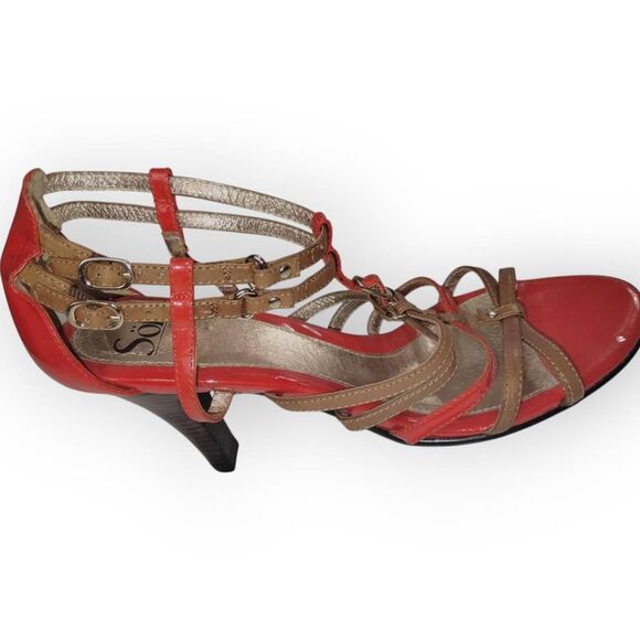 Sofft Womens Heels Sz 11 Red Tan Strappy Buckles 3" High Patent Leather Comfort - Picture 4 of 13